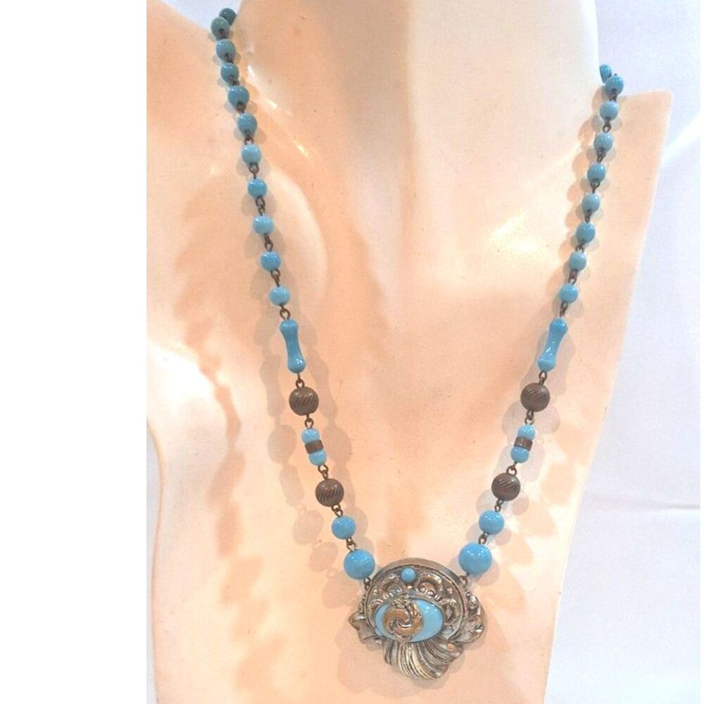 Vintage Art Deco Bohemian Necklace Glass Beads & Brass